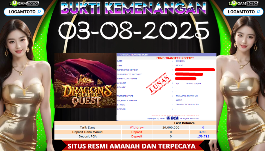 SELAMAT KEPADA MEMBER SETIA LOGAMTOTO BERHASIL JACKPOT DI PERMAINAN SLOT DRAGON TREASURE QUEST